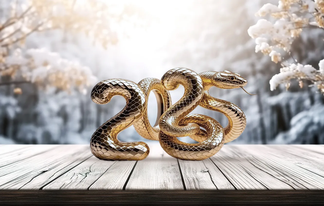Photo wallpaper winter, snow, gold, snake, figures, New year, golden, new year