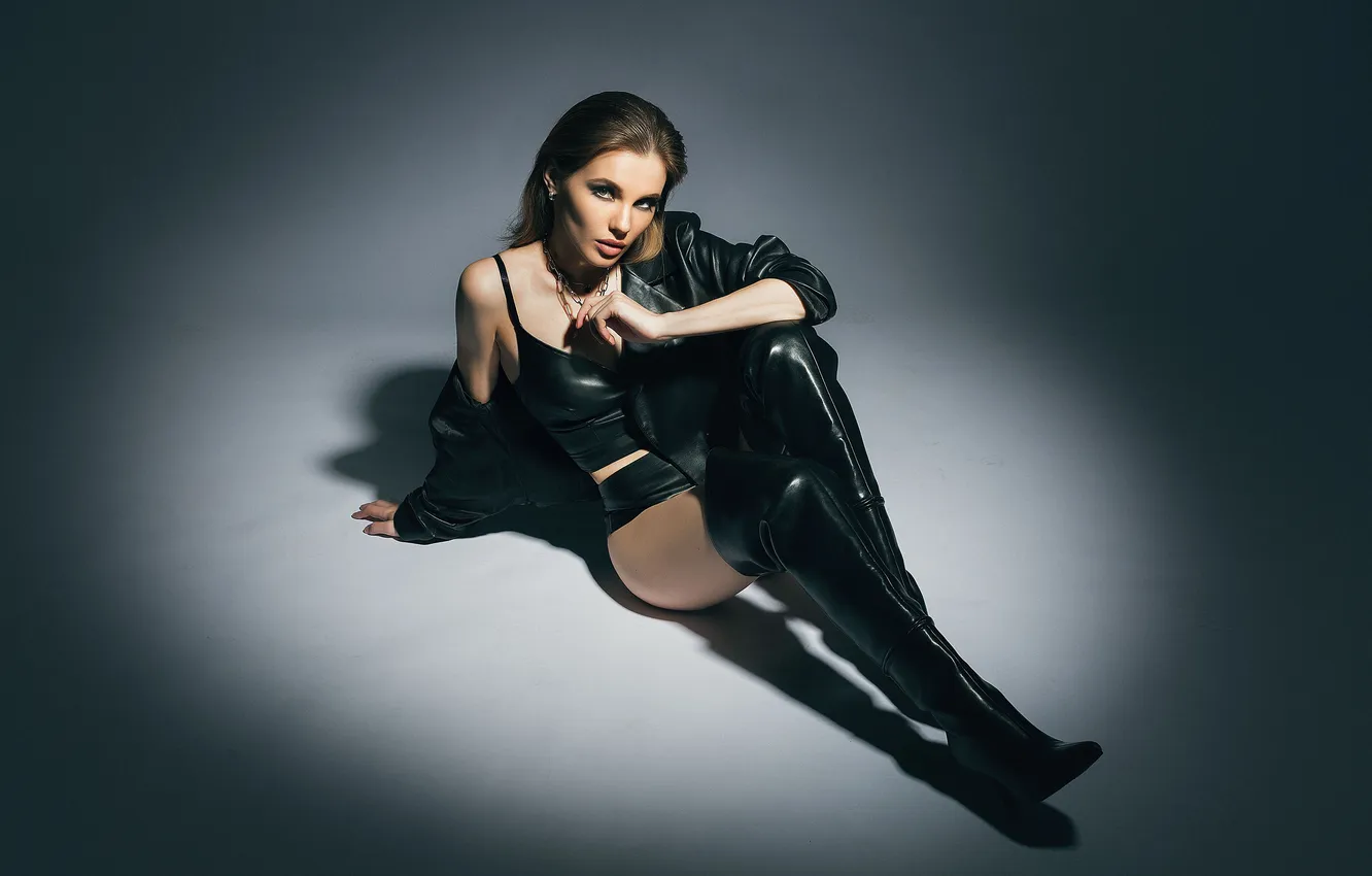 Photo wallpaper girl, pose, background, feet, boots, jacket, on the floor, Alex Shaklein