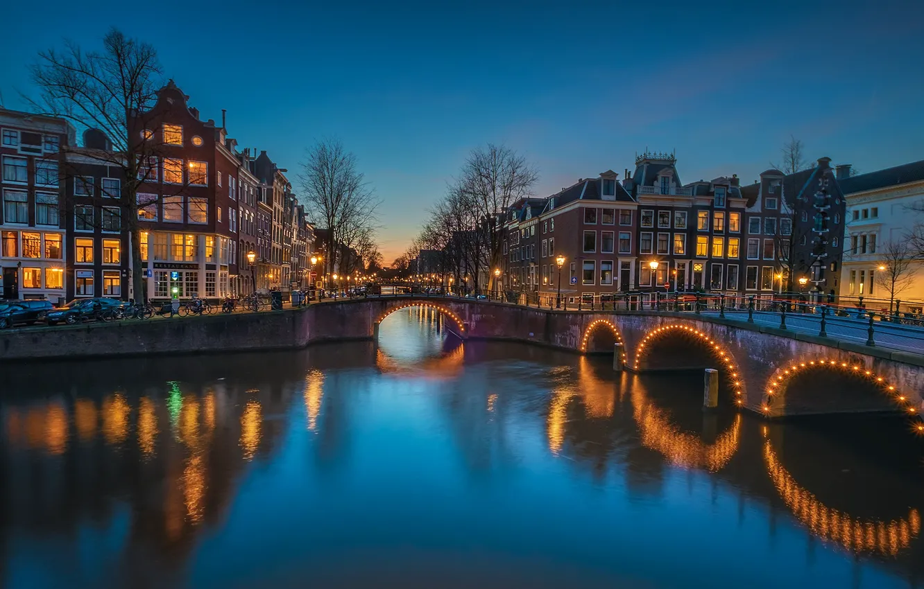Photo wallpaper bridge, lights, home, Amsterdam, channel, Netherlands