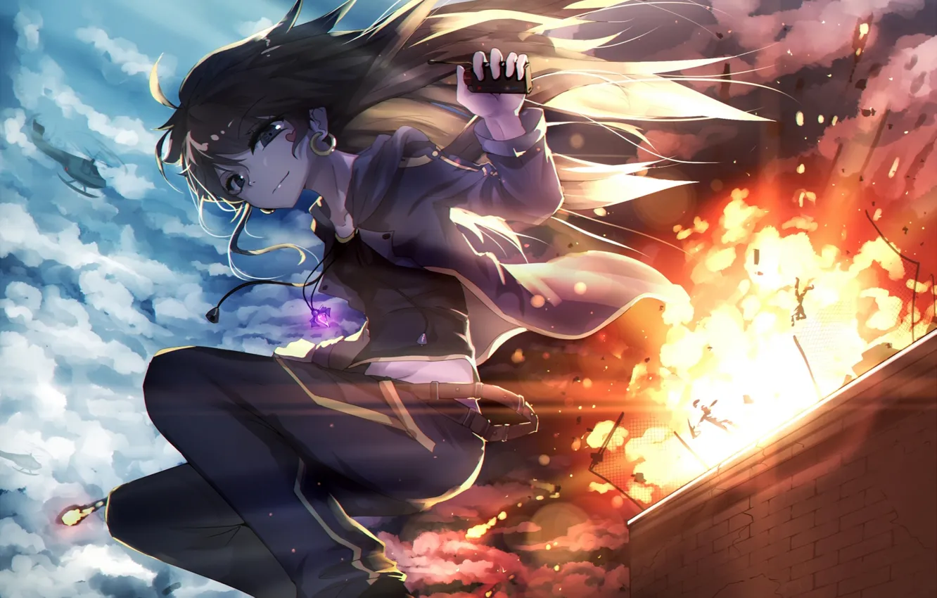 Photo wallpaper the sky, girl, clouds, the explosion, smile, fire, anime, art
