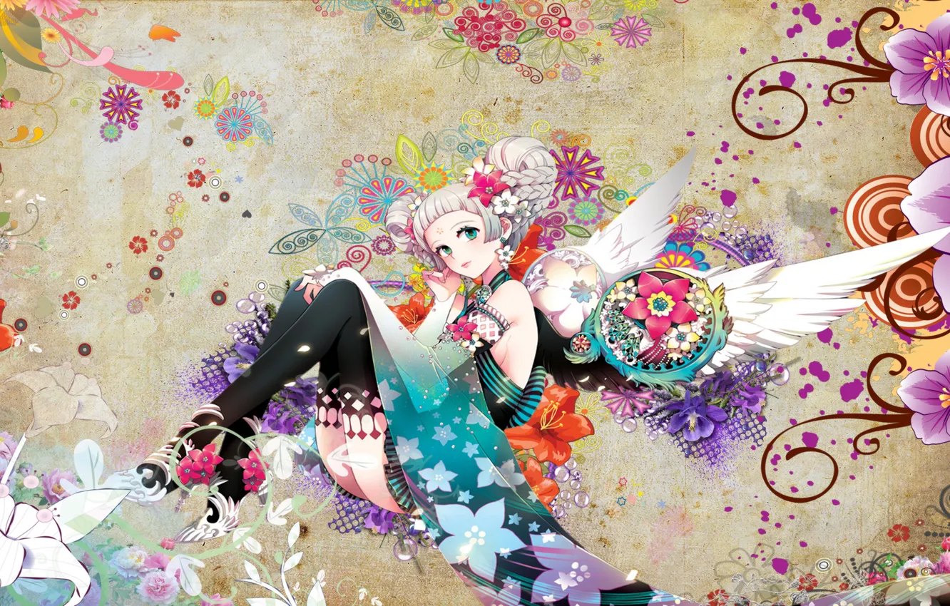 Photo wallpaper girl, flowers, pattern, wings, outfit