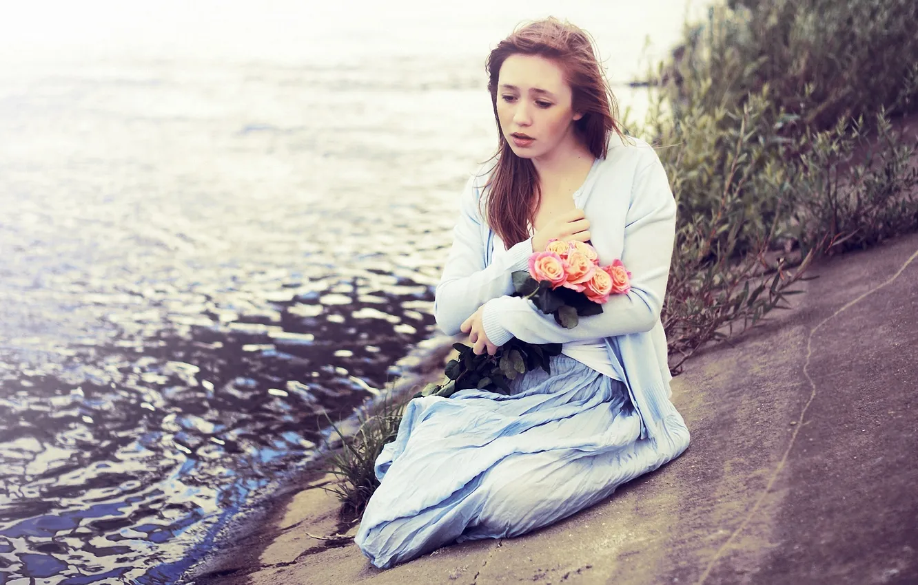 Photo wallpaper girl, flowers, river, roses, brown hair