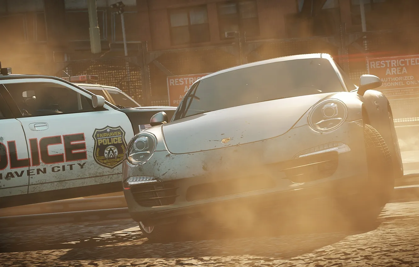 Photo wallpaper smoke, chase, need for speed most wanted 2012.Porsche.копы