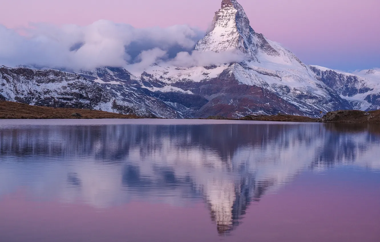Photo wallpaper winter, snow, mountains, lake