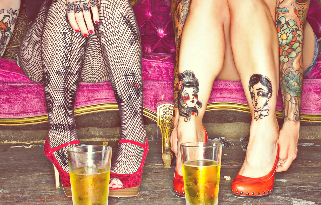 Photo wallpaper feet, beer, stockings, shoes, tattoo, photographer, Brad Kingett