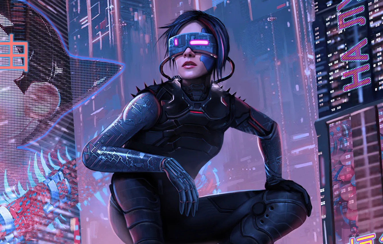 Photo wallpaper girl, future, the game, technology, skyscrapers, advertising, brunette, glasses