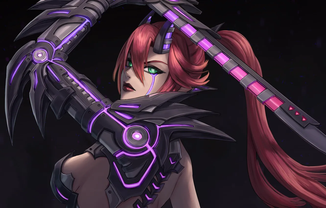 Photo wallpaper girl, fiction, sword, art, horns, cyborg, Cyberpunk, cyborg demon