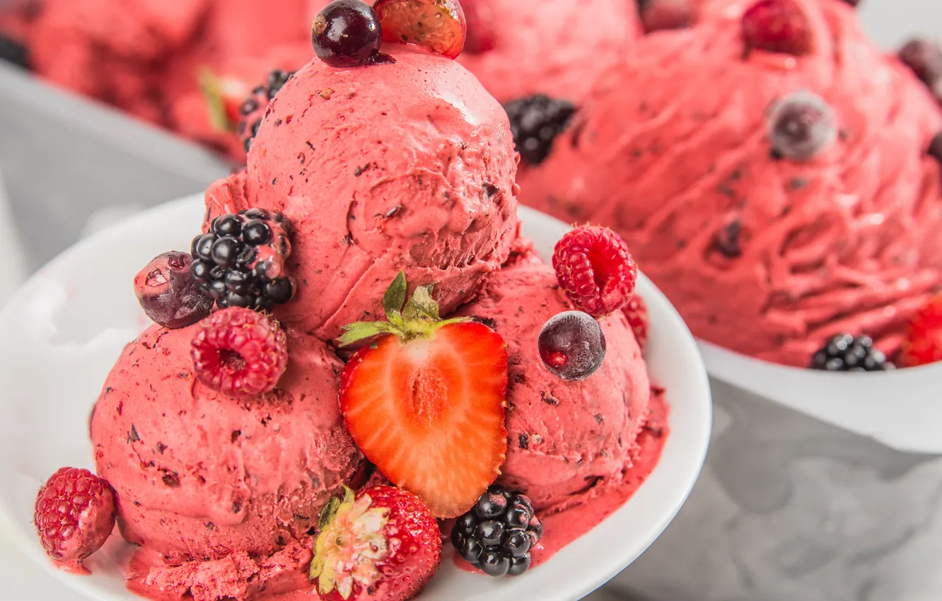 Photo wallpaper cherry, berries, raspberry, strawberry, ice cream, dessert, BlackBerry