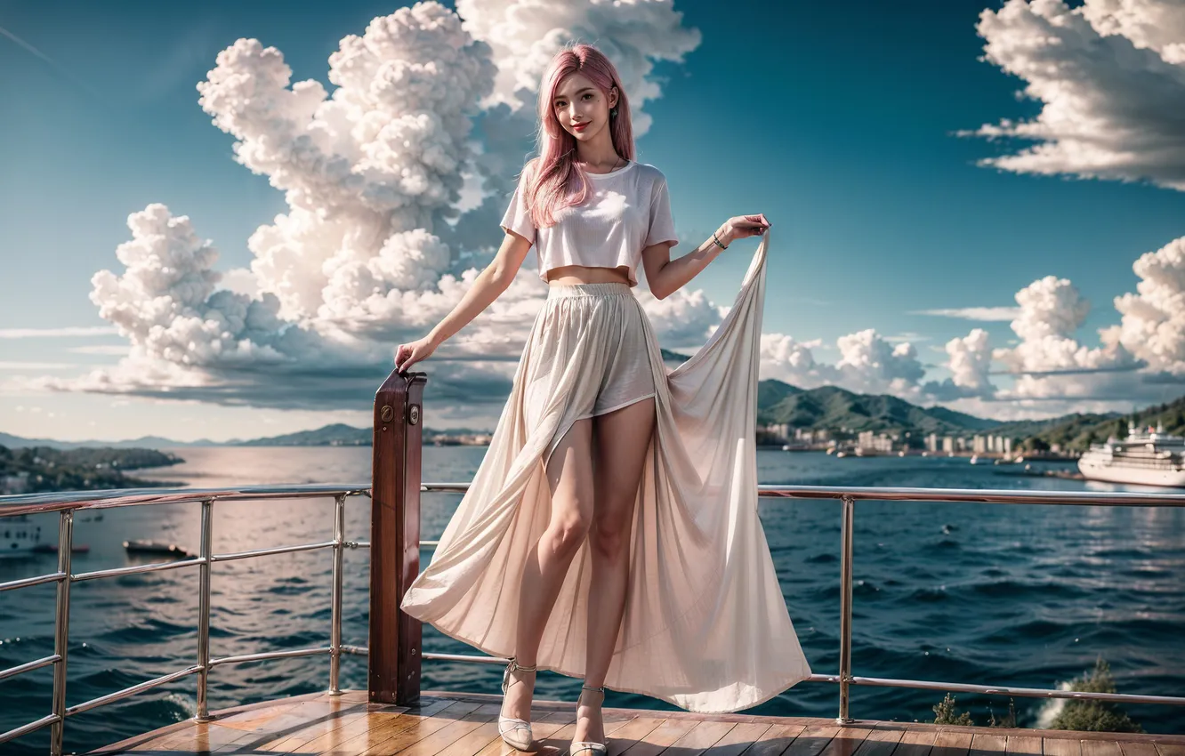 Photo wallpaper sea, girl, clouds, pierce