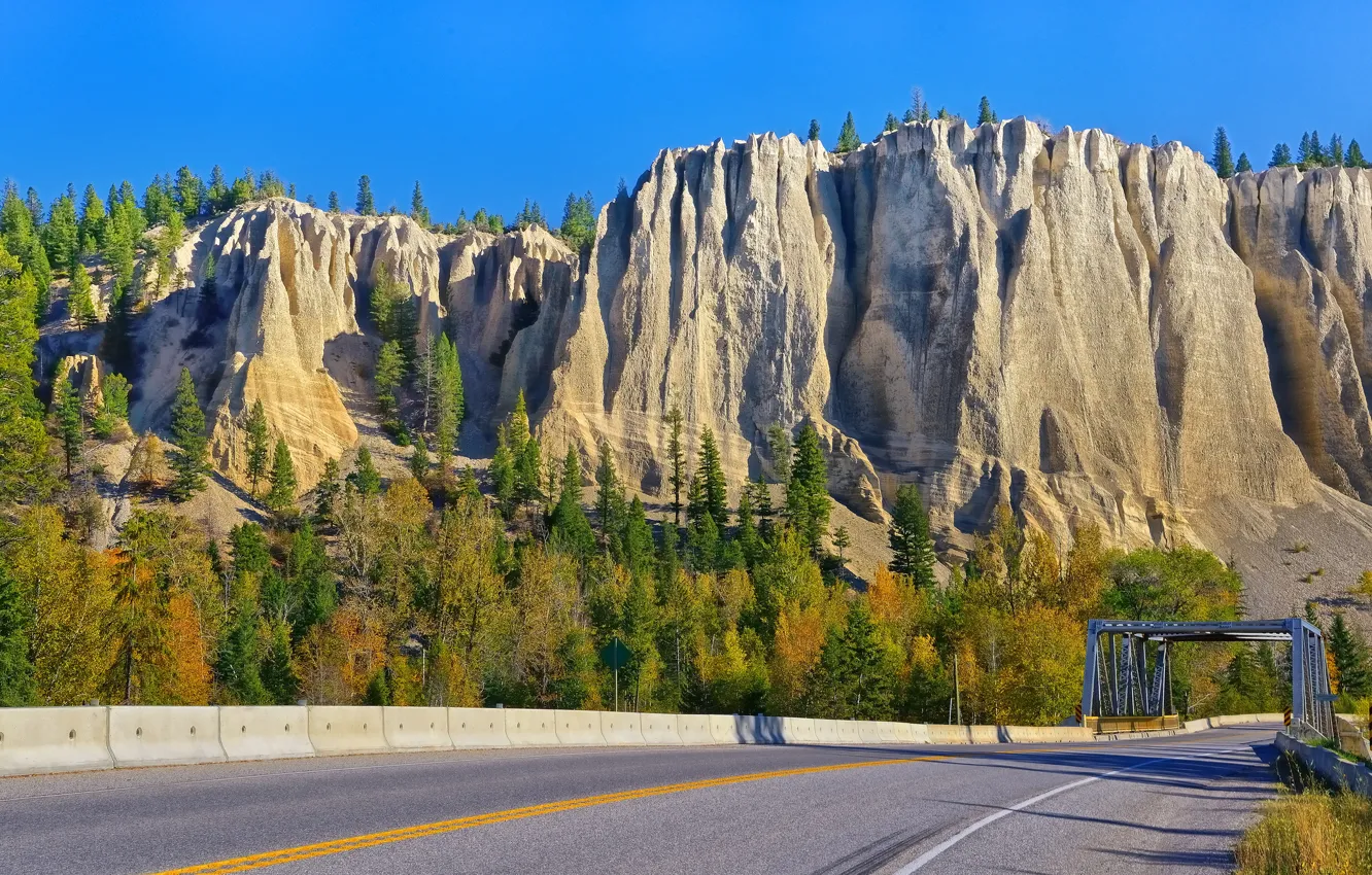 Photo wallpaper road, trees, mountains, bridge, rocks, Canada, Canada, British Columbia