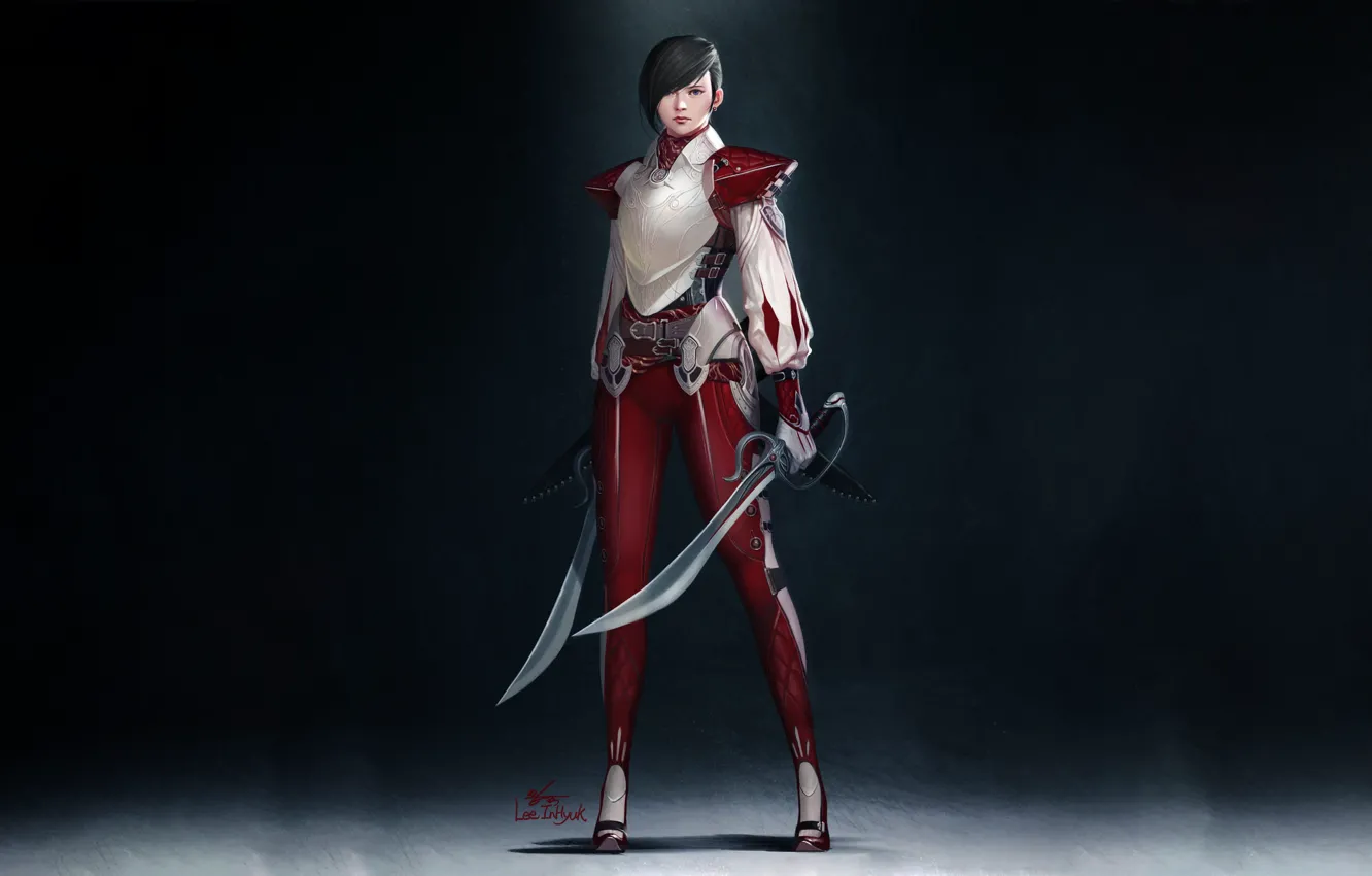 Photo wallpaper red, girl, style, art, background, swords, Illustration, Minimalism