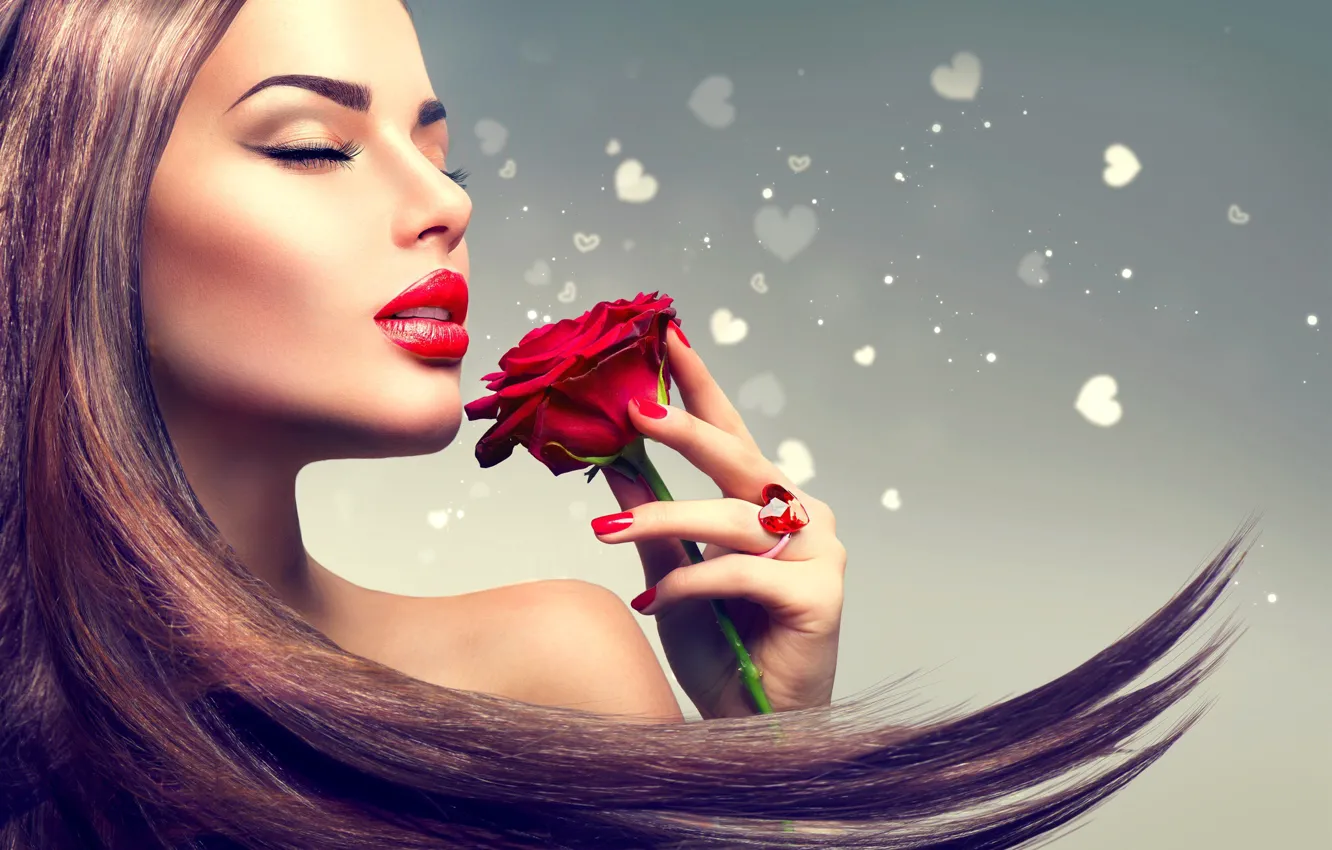 Photo wallpaper Girl, Brunette, Model, Rose, Style, Background, Long Hair, Makeup