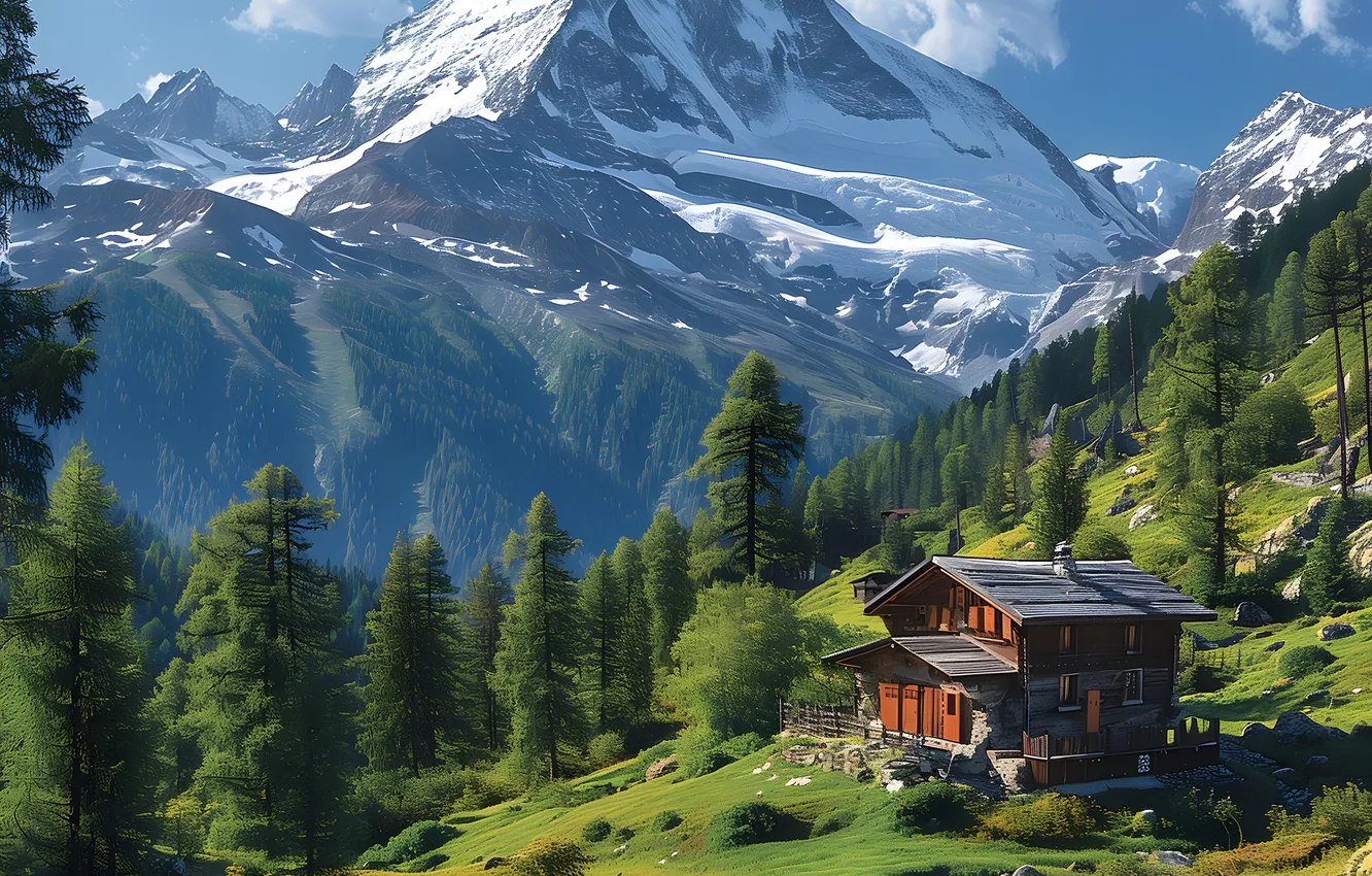 Photo wallpaper landscape, mountains, stream, home, Alps