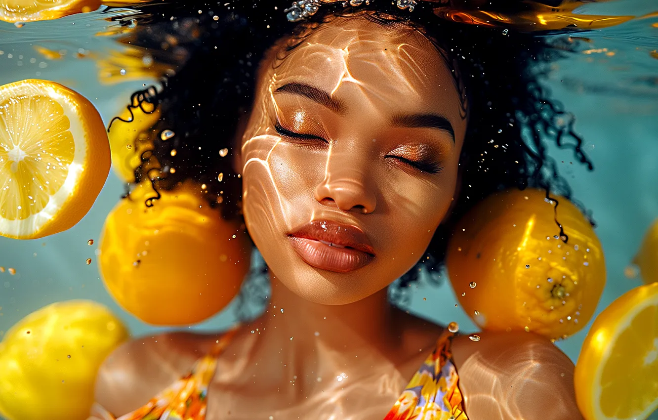 Photo wallpaper water, girl, light, face, pose, glare, orange, shadow