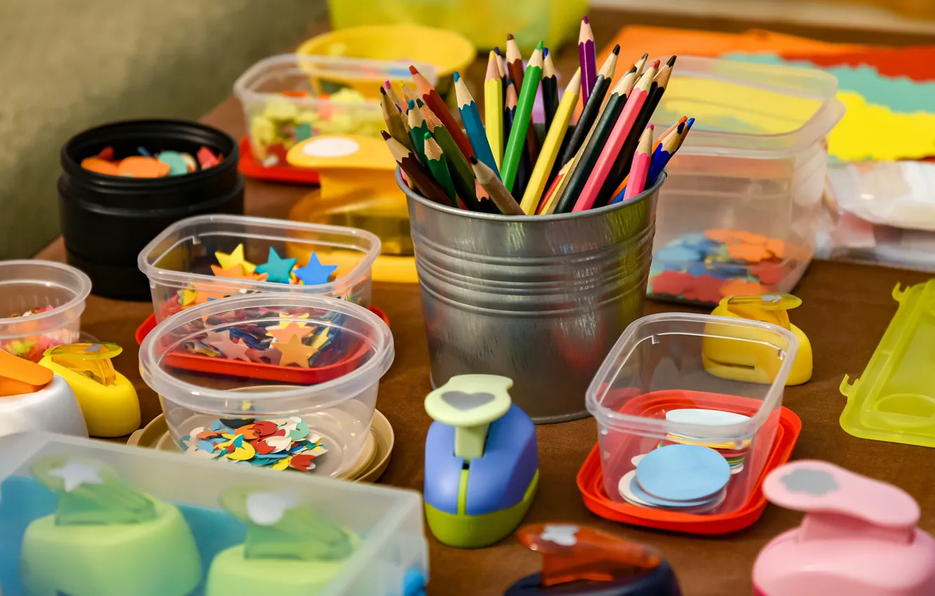 Photo wallpaper different, a lot, for children, stationery, colored pencils, stationery