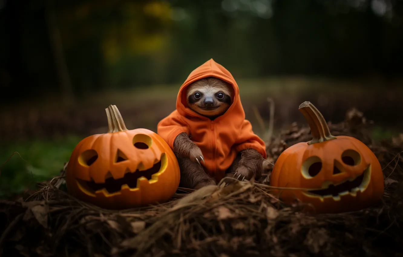 Photo wallpaper autumn, nature, holiday, hood, pumpkin, Halloween, sloth, Halloween