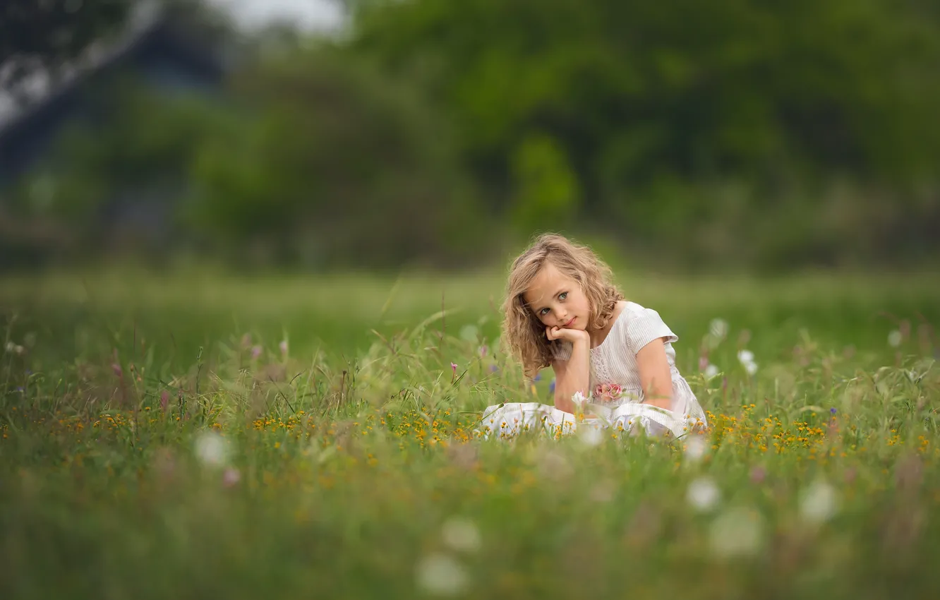 Photo wallpaper field, summer, glade, meadow, girl, sitting, Lisa Holloway