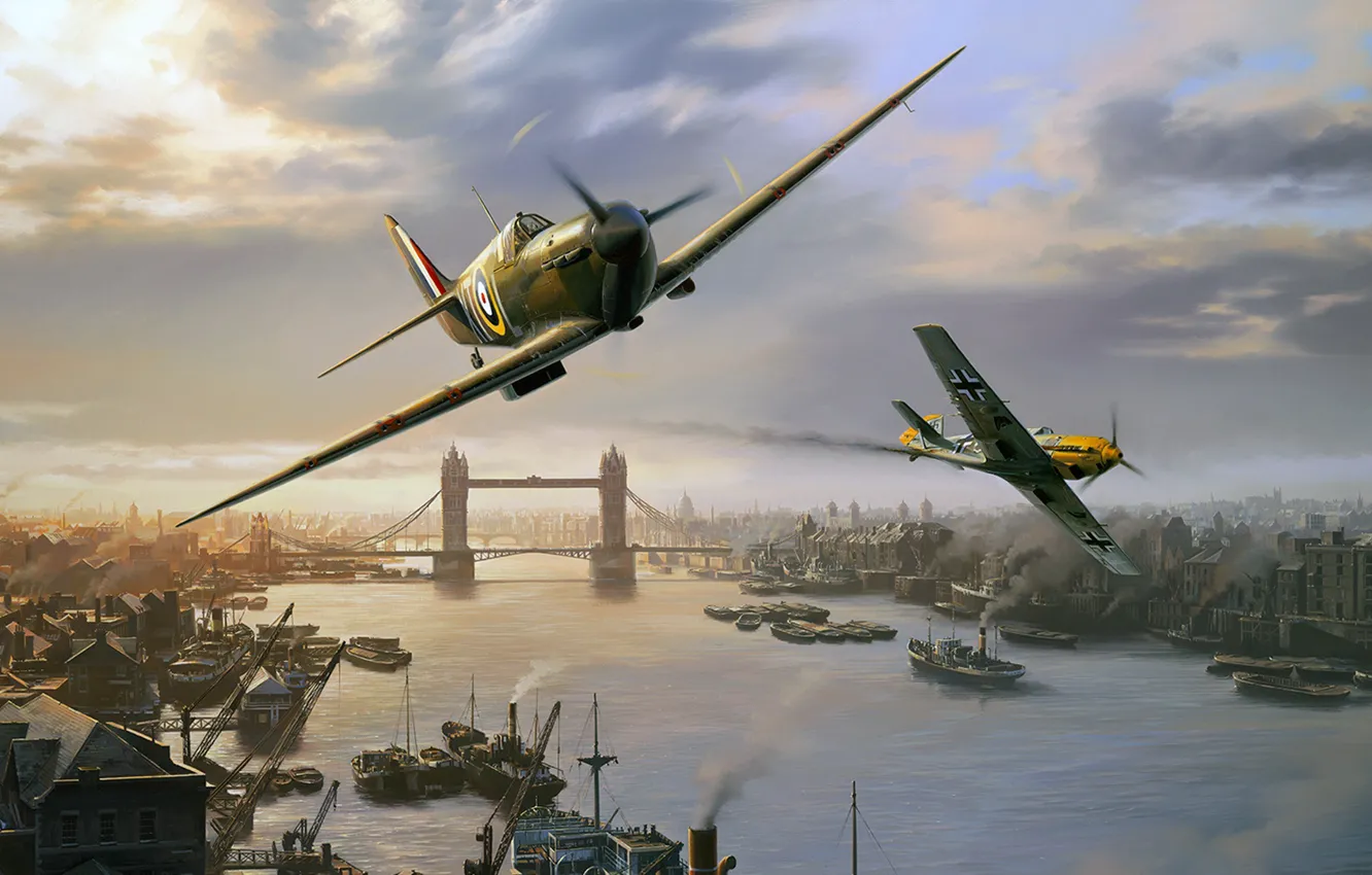 Photo wallpaper Bf-109, Supermarine Spitfire, Nicolas Trudgian, British fighter, London Pride, spitfire skirmish