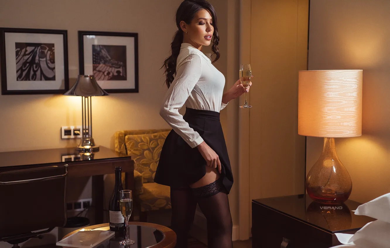Photo wallpaper girl, pose, lamp, skirt, stockings, blouse, champagne, Nicolas Verano