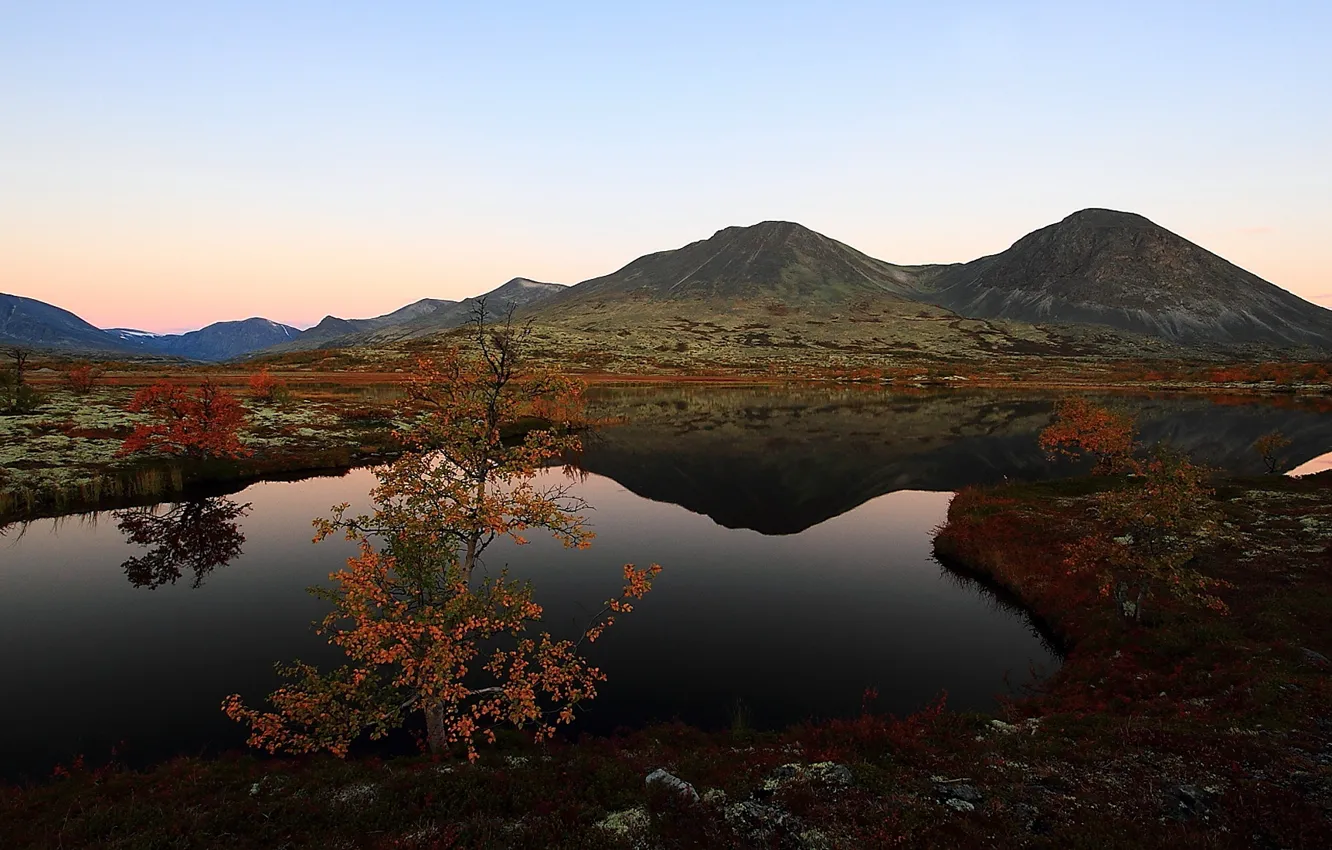 Photo wallpaper autumn, mountains, lake, Norway, Norway, Hedmark County, Rondane National Park