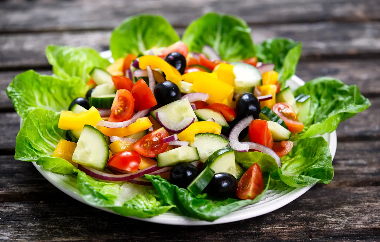 Photo wallpaper leaves, bow, pepper, tomatoes, olives, salad