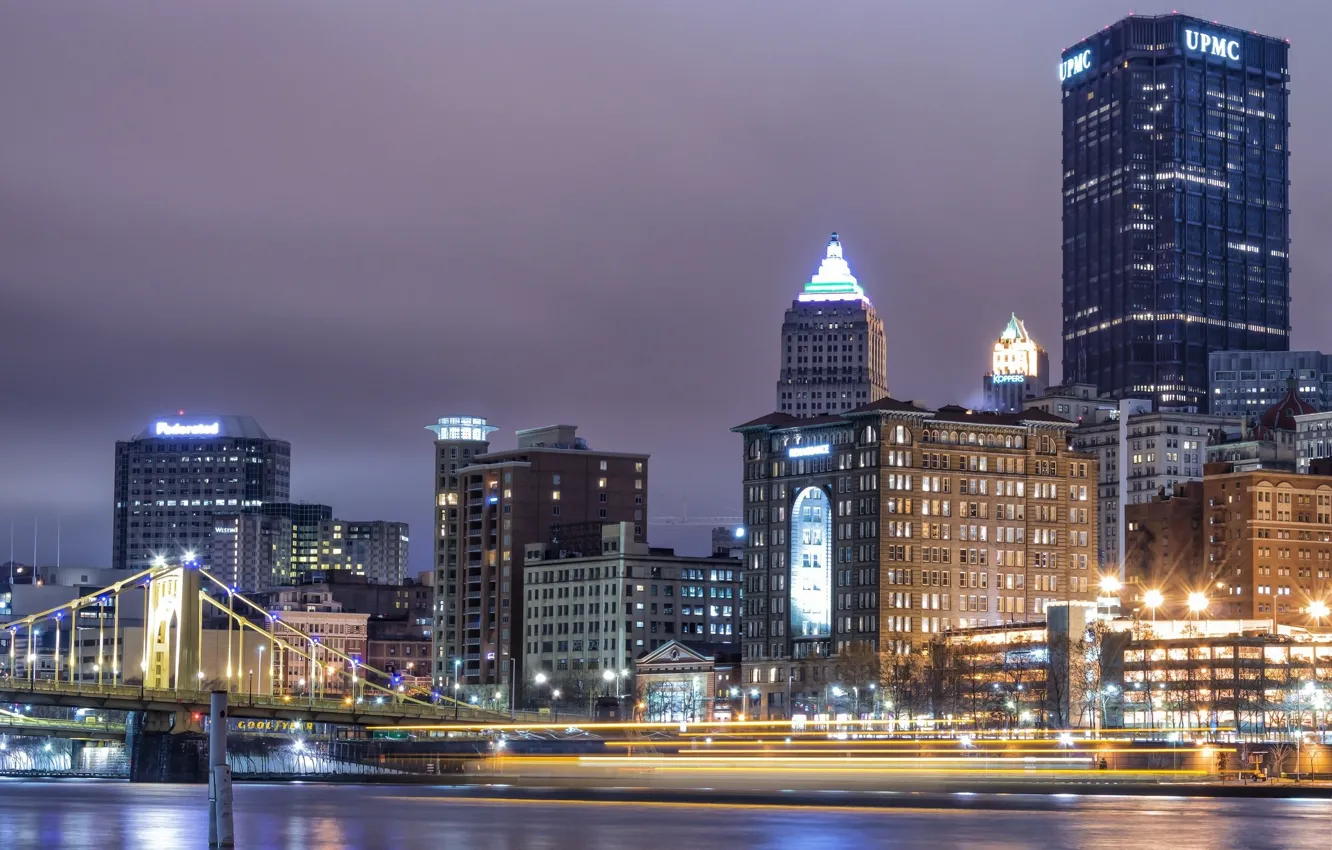 Photo wallpaper night, the city, lights, USA, Pittsburgh