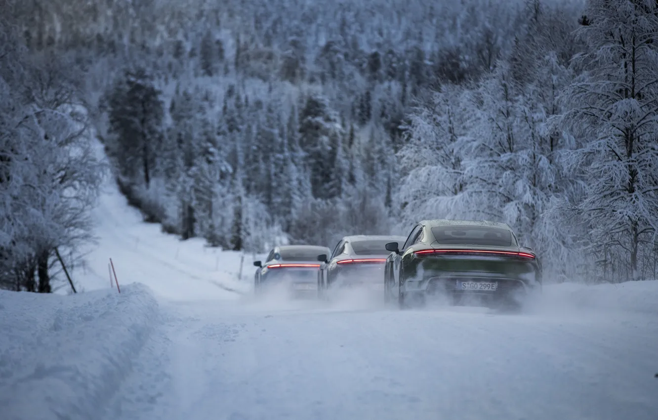 Photo wallpaper road, forest, snow, movement, Porsche, 2020, Taycan, Taycan 4S