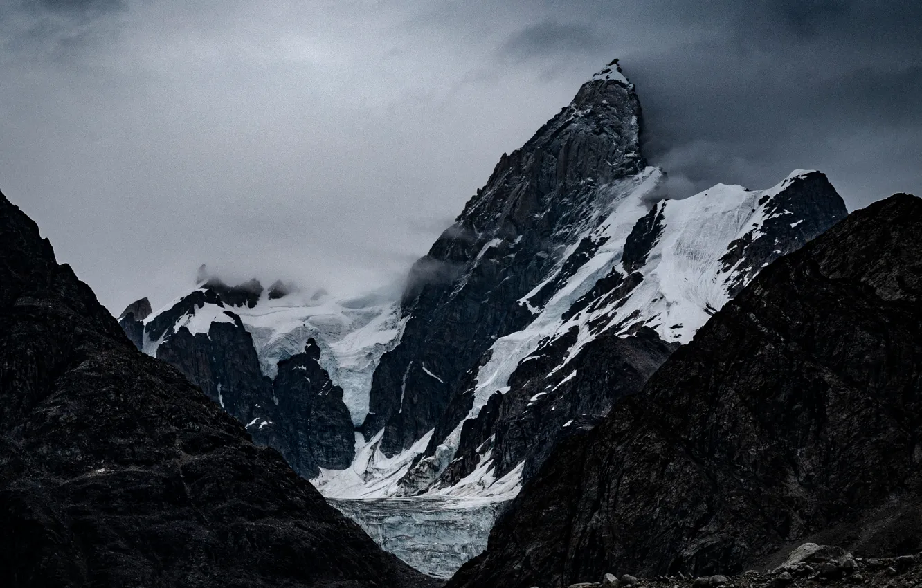 Photo wallpaper the sky, snow, mountains, clouds, nature, stones, overcast, rocks