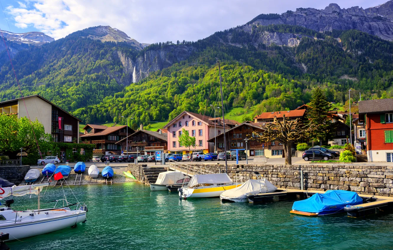 Photo wallpaper forest, mountains, lake, shore, home, boats, Switzerland, Lake Interlaken