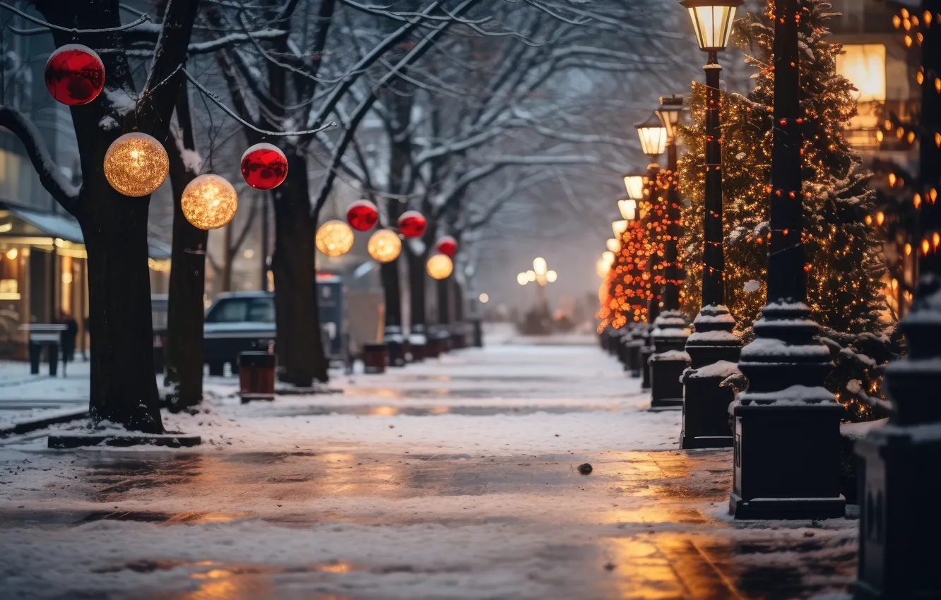 Photo wallpaper winter, snow, decoration, night, the city, lights, balls, street