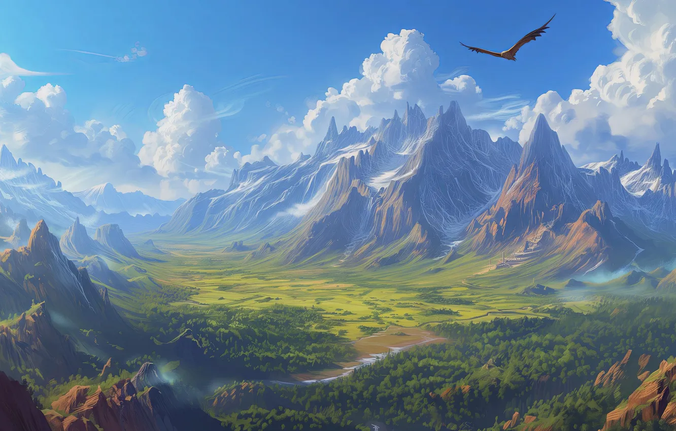Photo wallpaper sky, trees, mountains, clouds, eagle, valley, artwork, concept art