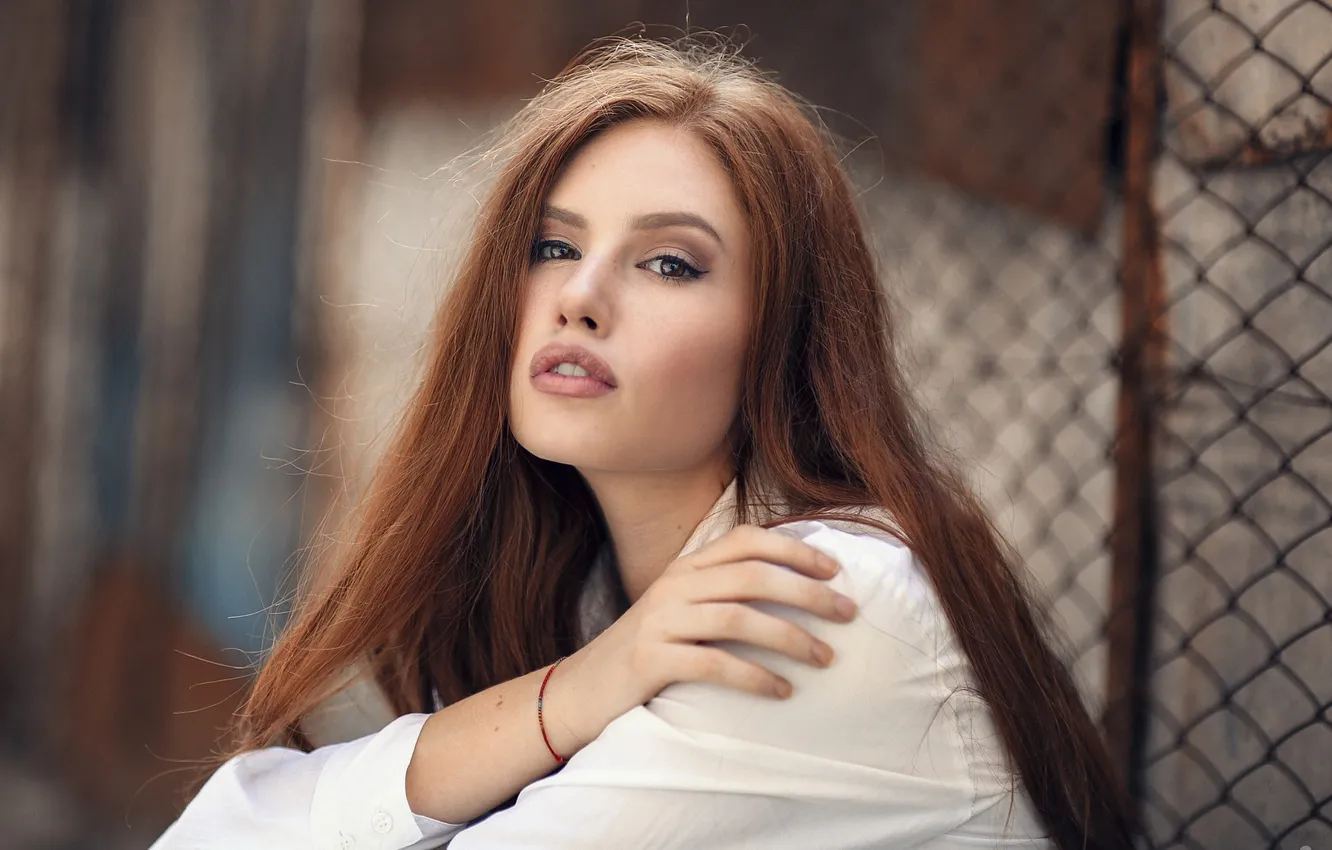 Photo wallpaper red, girl, white, blouse, view, beauty, hair, Hazel