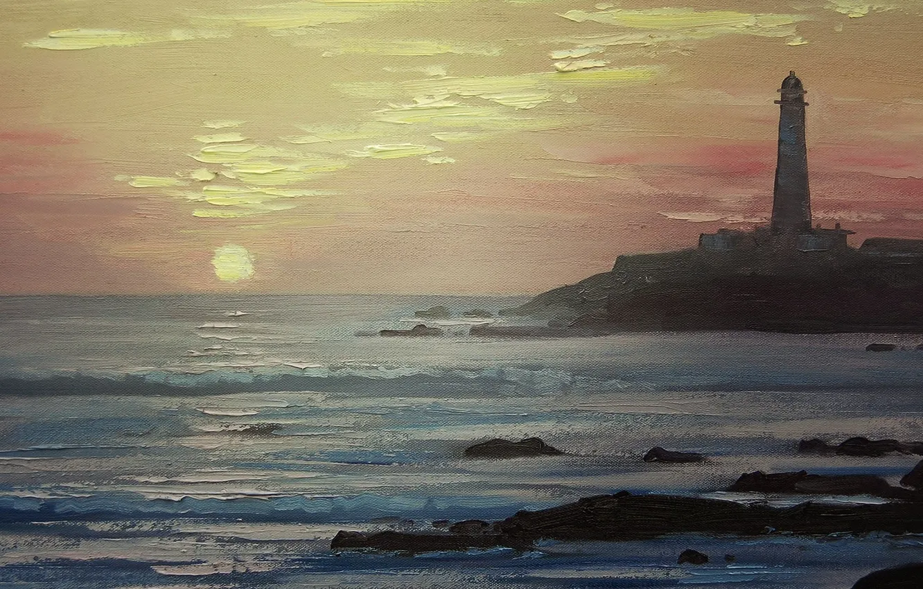 Photo wallpaper sea, beach, lighthouse, oil, picture, art, paint.