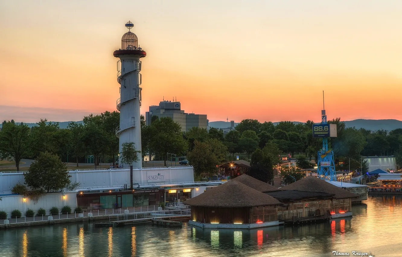 Photo wallpaper sunset, lighthouse, promenade
