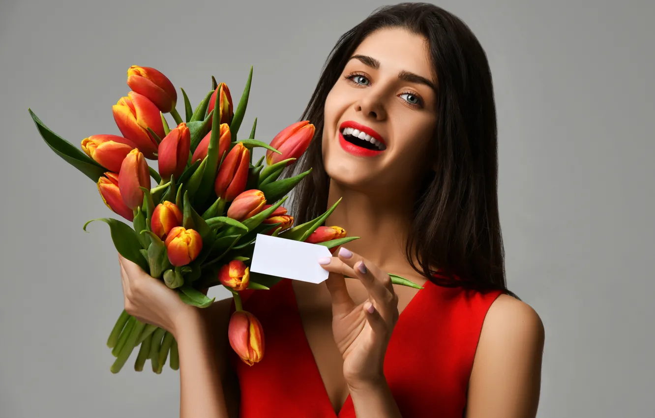 Photo wallpaper look, joy, flowers, red, background, mood, bouquet, makeup