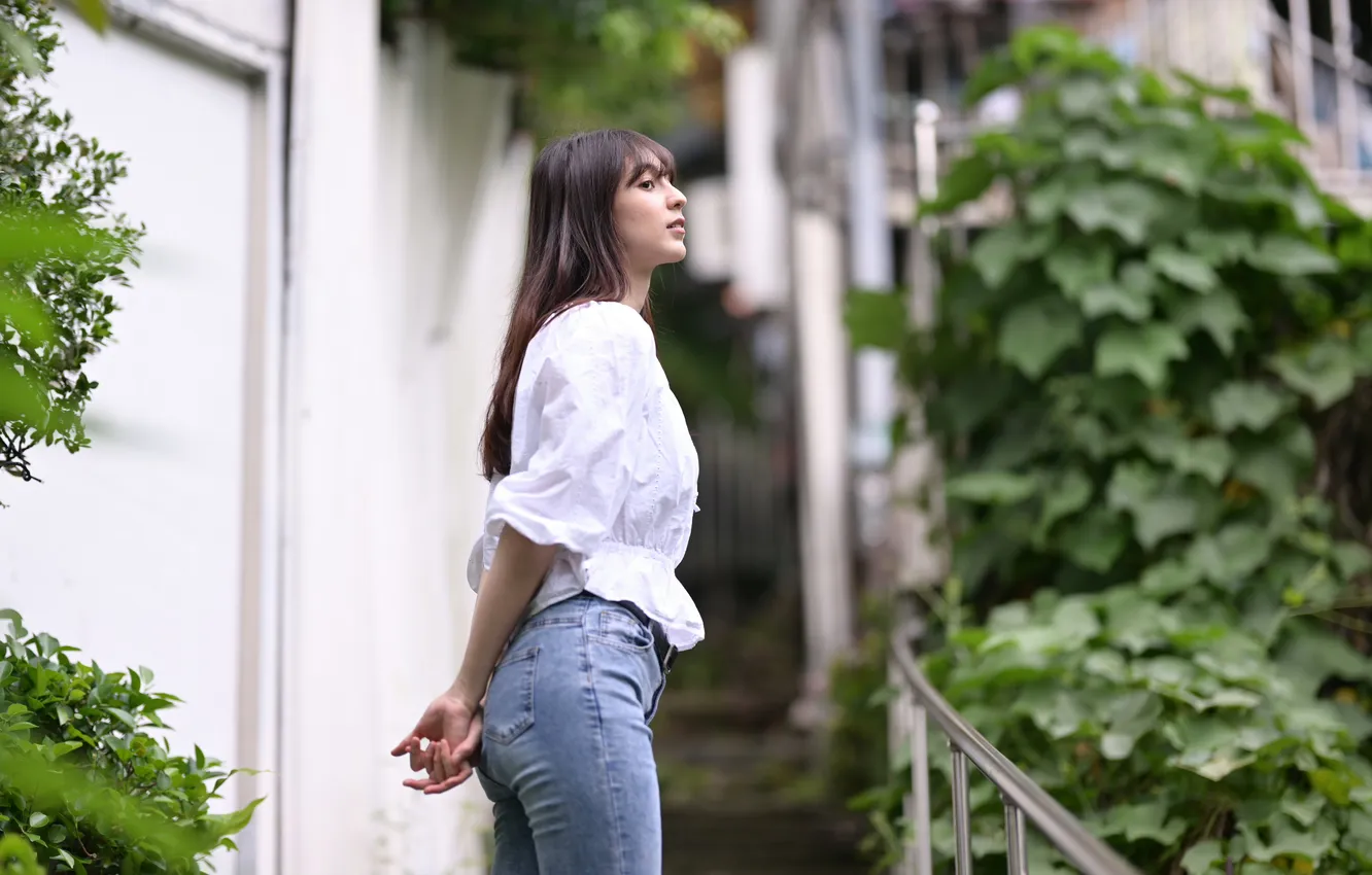 Photo wallpaper girl, pose, jeans, blouse, Asian