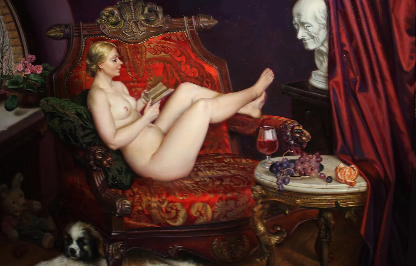 Photo wallpaper girl, picture, chair, book, reads, naked, Alexandr Shilov, Soviet and Russian artist