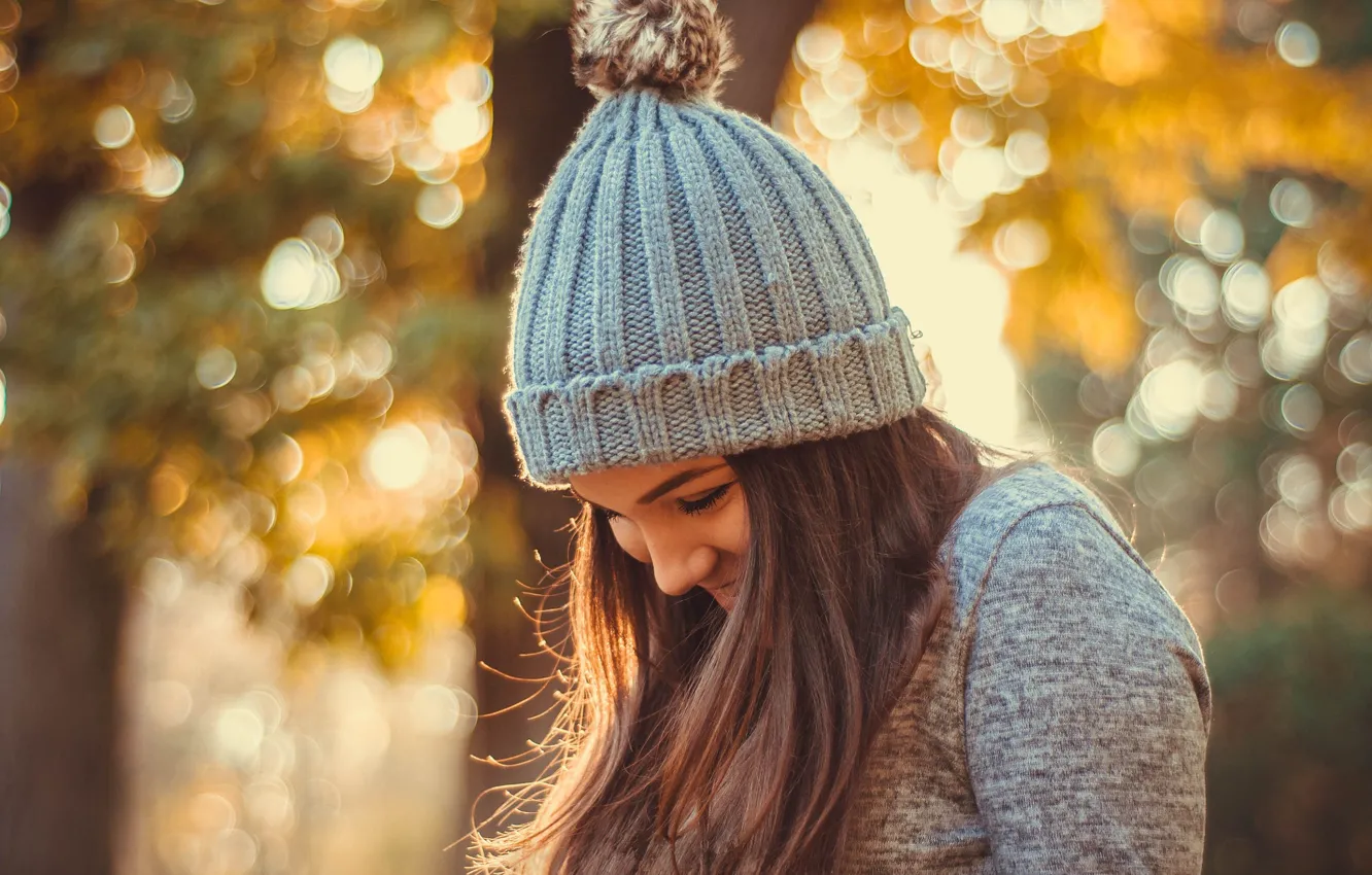 Photo wallpaper autumn, girl, hat, bokeh