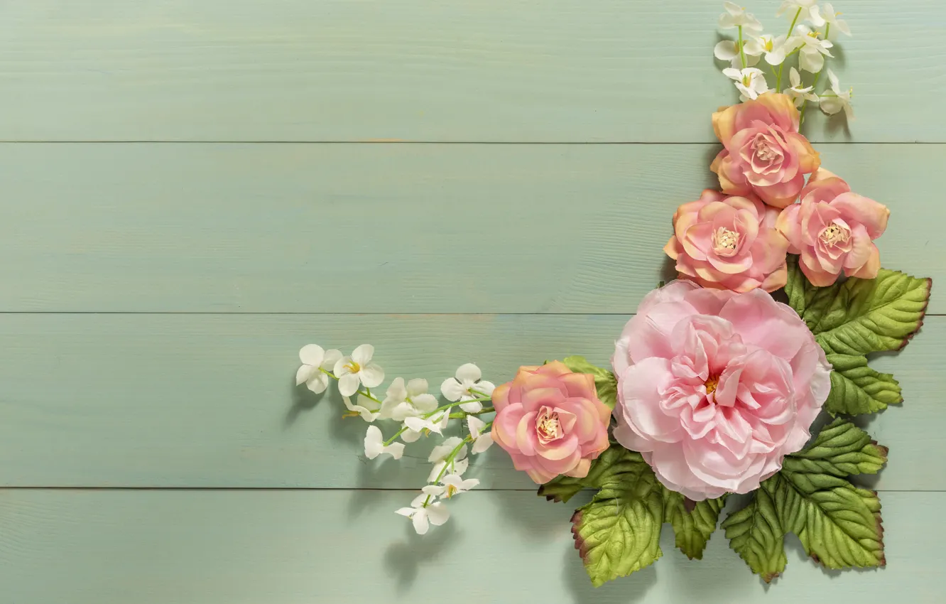 Photo wallpaper leaves, flowers, background, buds, wood