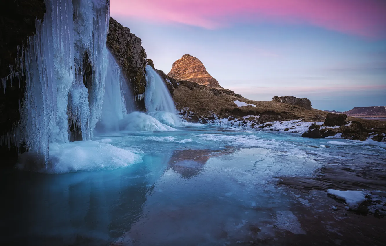 Photo wallpaper ice, mountains, waterfall