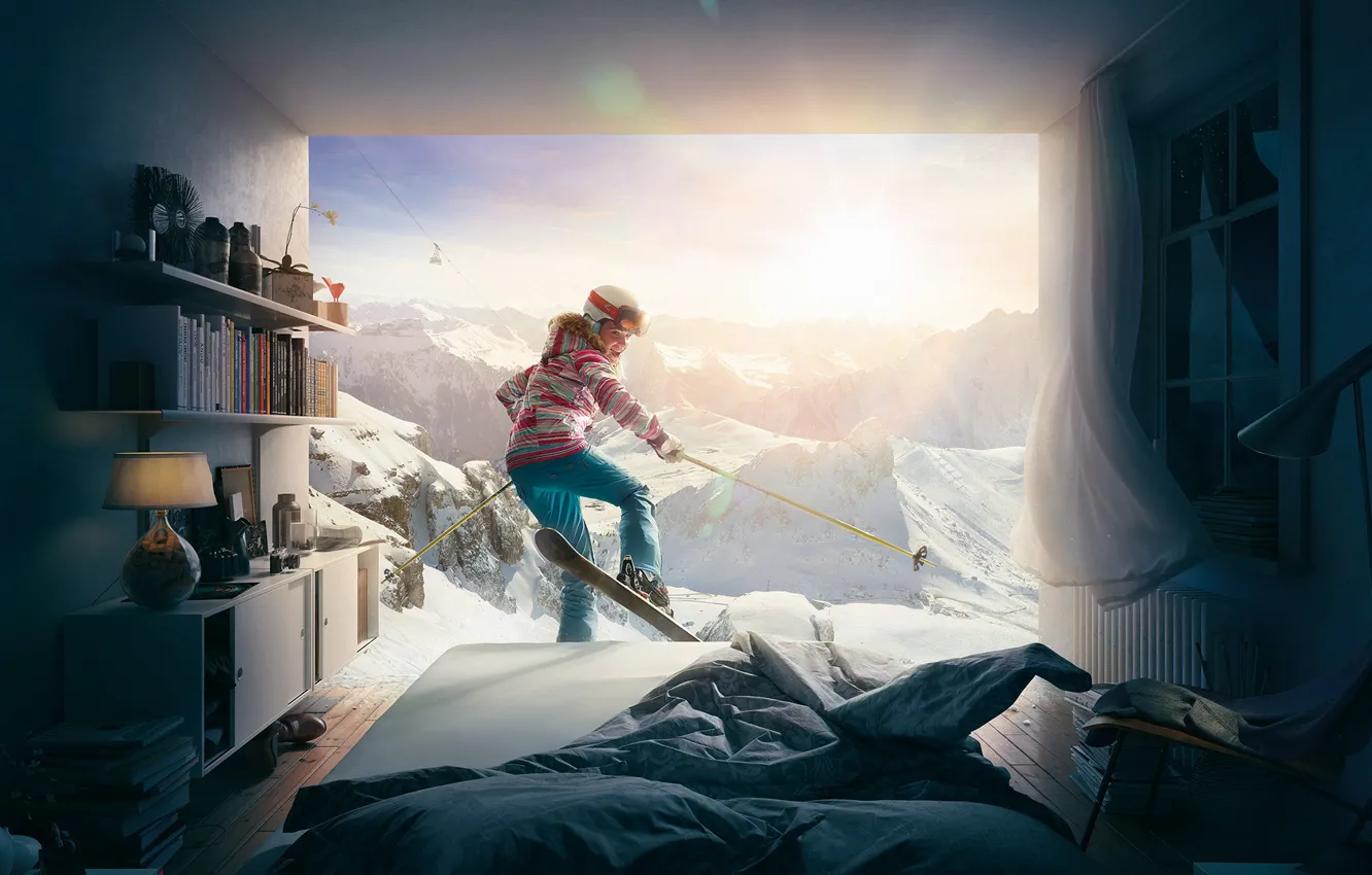 Photo wallpaper mountains, ski, bed, the room, HAPPY SLEEP