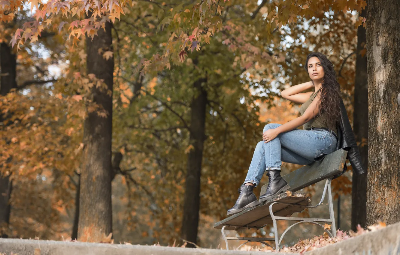 Photo wallpaper autumn, bench, Park, model, Joanna