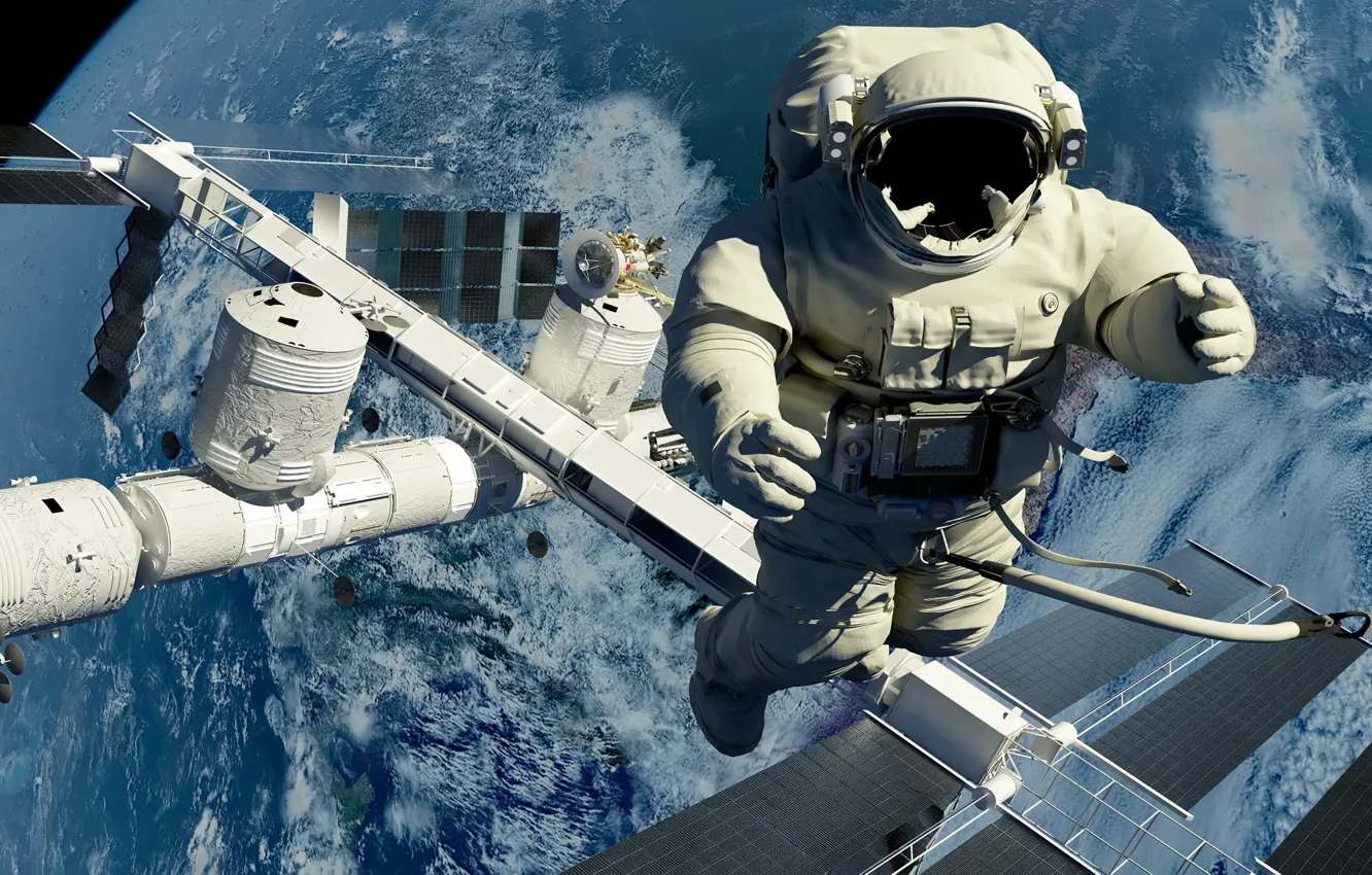 Photo wallpaper space, astronaut, station, output, space, in the open