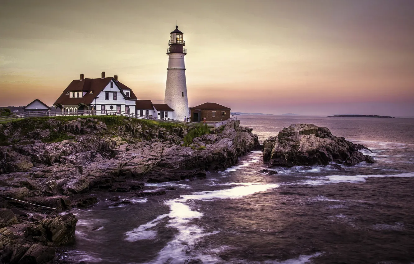 Photo wallpaper landscape, sunset, stones, the ocean, lighthouse, home, Portland, USA