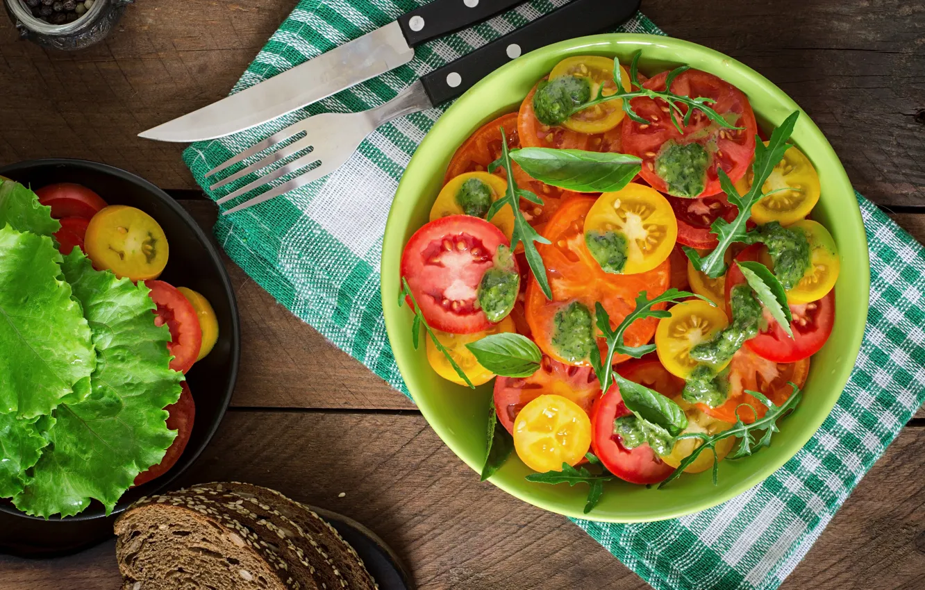 Photo wallpaper bread, tomatoes, salad, Basil, rocket