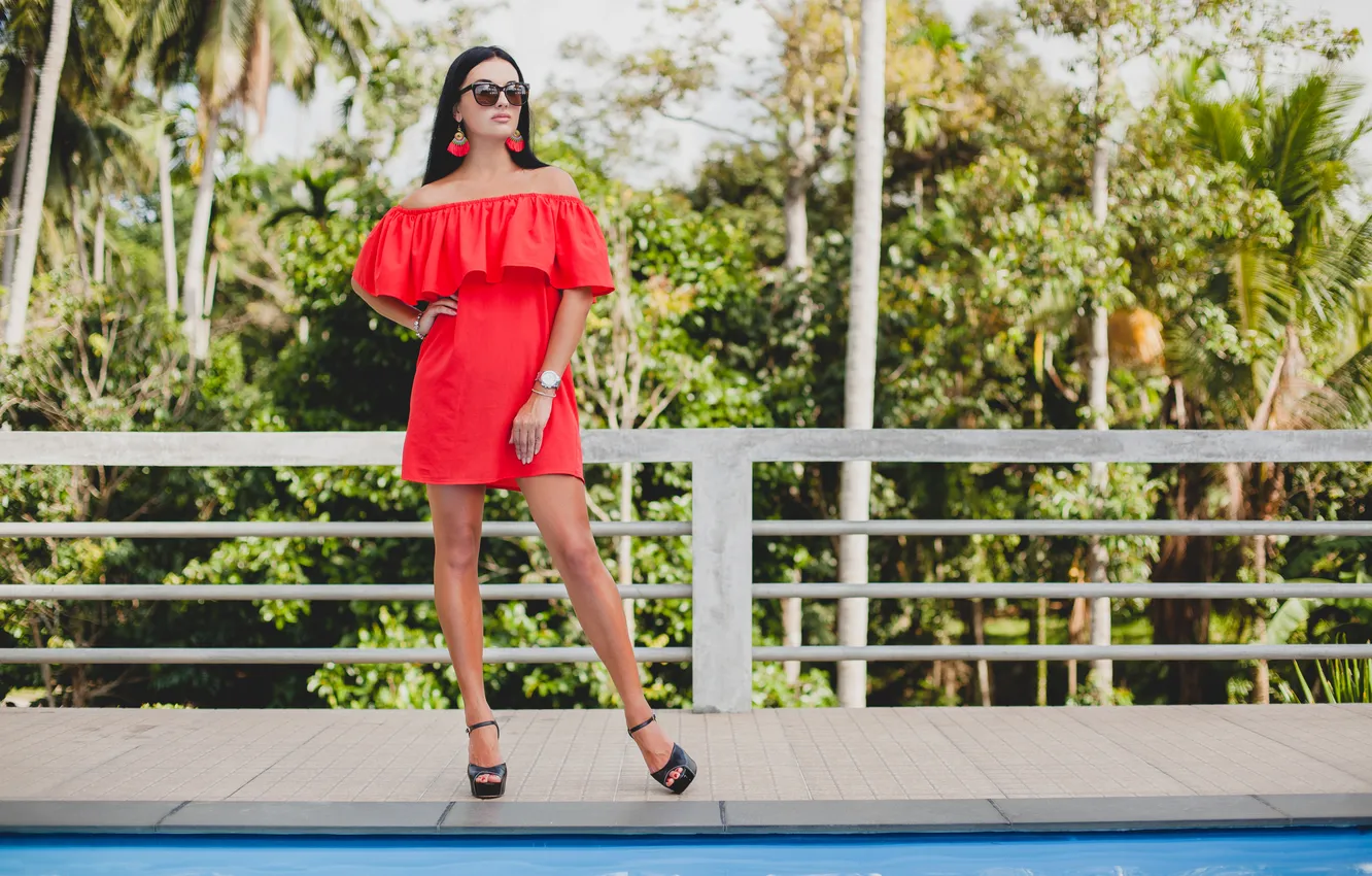 Photo wallpaper red, summer, sexy, dress, woman, young, stylish, standing