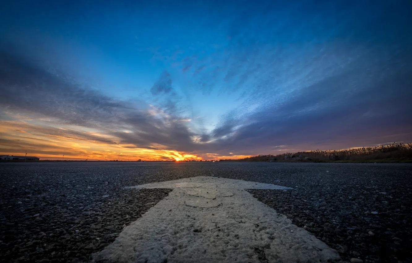 Photo wallpaper road, sunset, sign