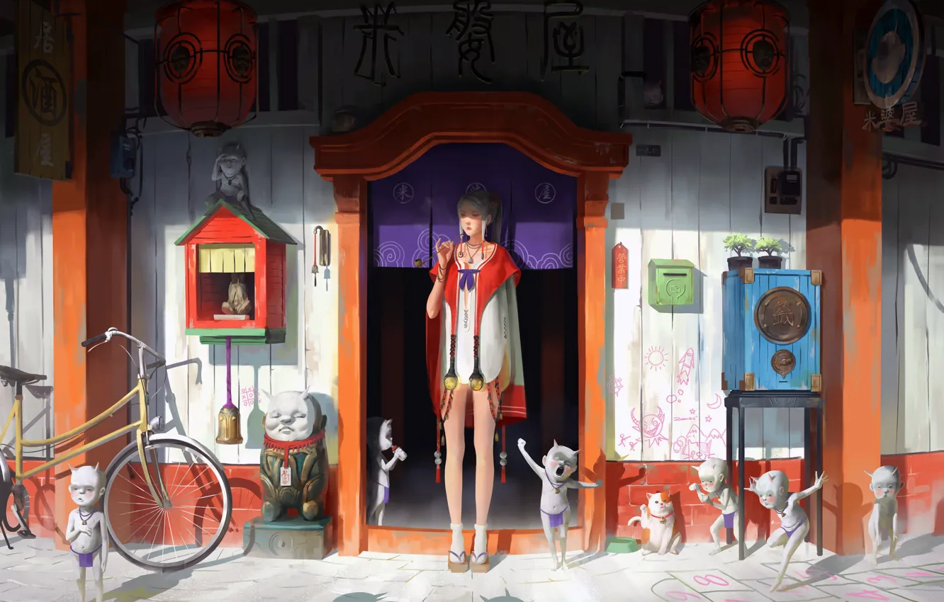 Photo wallpaper girl, fantasy, bicycle, dress, legs, artist, blonde, artwork