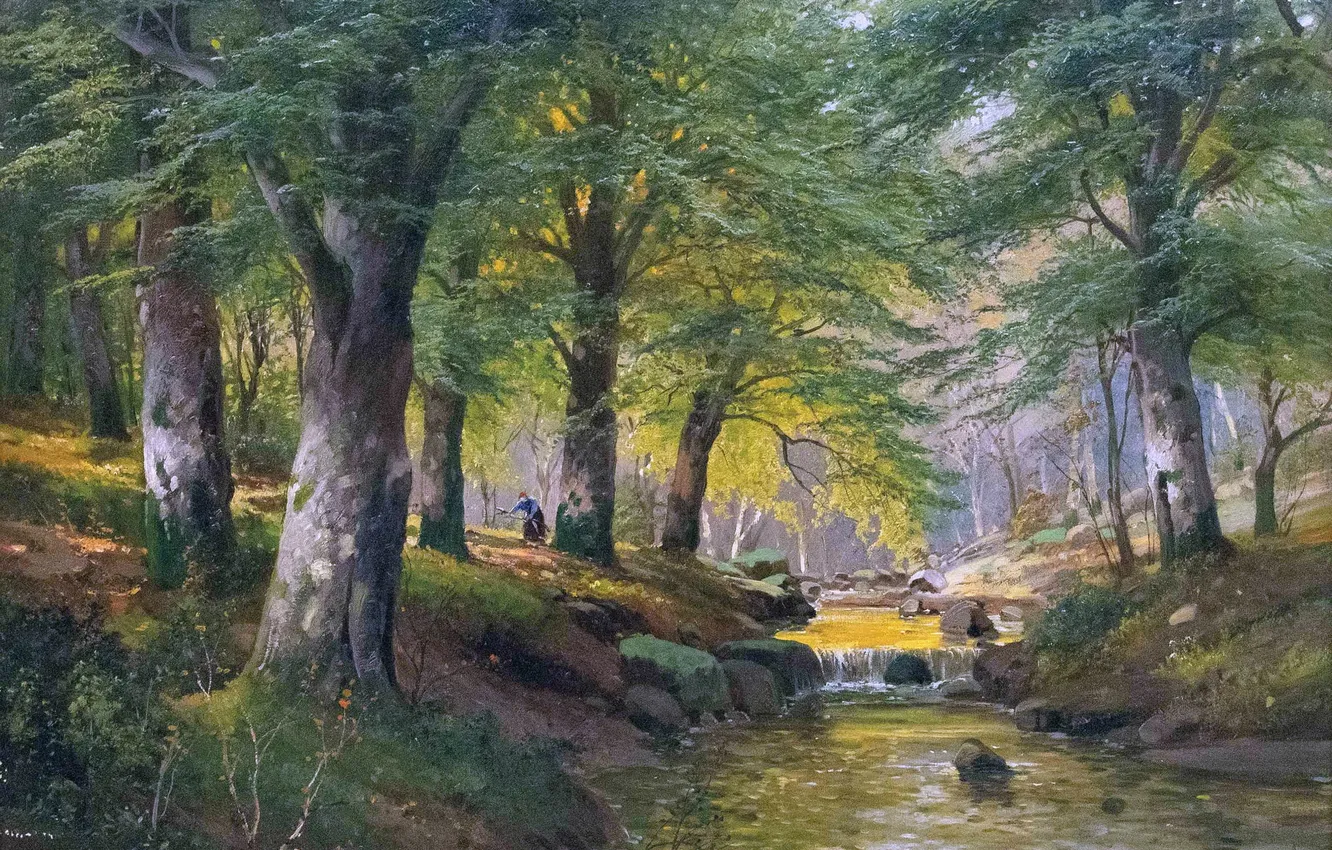 Photo wallpaper trees, woman, picture, river, Alois Arnegger, Austrian painter, Alois Arnegger, A brushwood collector by the …
