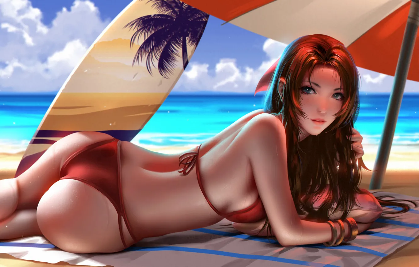 Photo wallpaper girl, sexy, ass, Final Fantasy, beach, long hair, sea, boobs